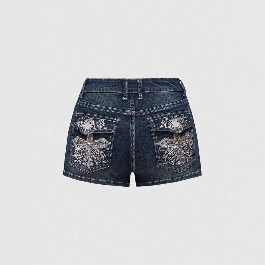 Skinny Versatile Shorts Retro Personalized Street Pattern Embroidery Spring And Summer Denim Shorts Women - Navy Blue - View 1
