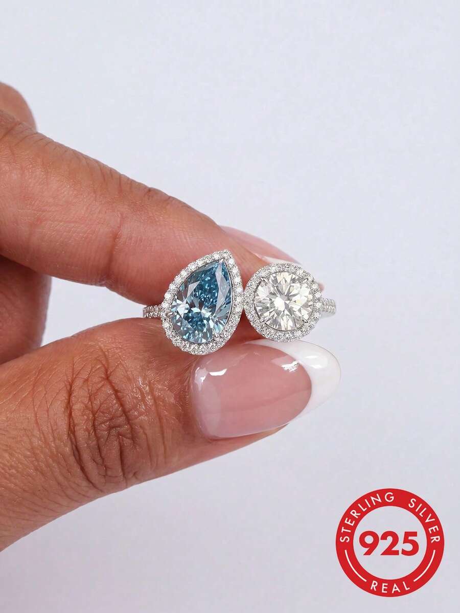 1枚925纯银戒指，镶嵌水滴形钻石，独特日常/约会之夜珠宝礼物，新年/情人节礼物 - 水滴圓鑽戒指 - 查看 1