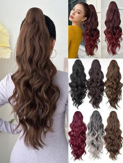 HEYPINK Tóc giả đuôi ngựa dài 24 inch, kiểu gợn sóng xoăn, màu ombre nâu sang đỏ tía, kẹp càng cua, thích hợp cho phụ nữ dự tiệc và sử dụng hàng ngày.