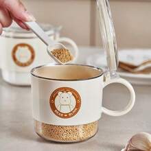 Minimalist Cream Style 3-Compartment Seasoning Box With Spoon & Handle, Multi-Grid Spice Jar Set For Salt Sugar Storage, Moisture-Proof Sealed Condiment Container, Stackable Kitchen Organization & Storage Jar, Aesthetic Cute Bear Print Spice Rack Accessories, Convenient One-Hand Operation Bottle - White - View 2