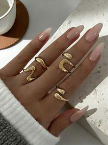 4件套复古不对称开口戒指套装，女士创意几何关节戒指，情侣首饰配饰 - 金黃色 - 查看 1