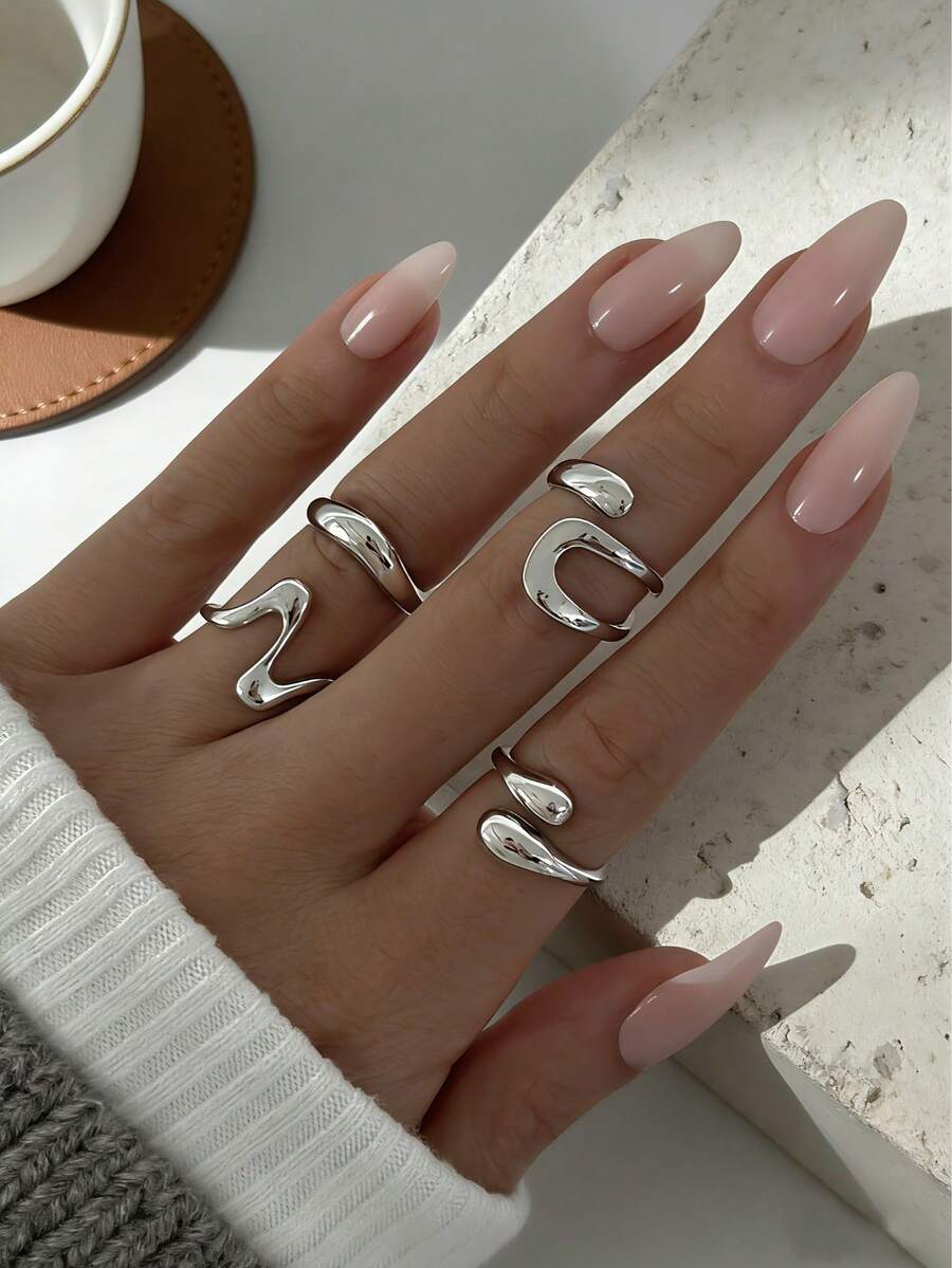 4pcs Vintage Asymmetrical Open Ring Set, Women's Creative Geometric Knuckle Rings, Couple Jewelry Accessories - Silver - View 1