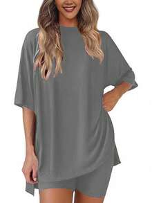 New Arrival Loose Casual Solid Color Short Sleeve & Shorts 2pcs Pajama Set For Women - Grey - View 3
