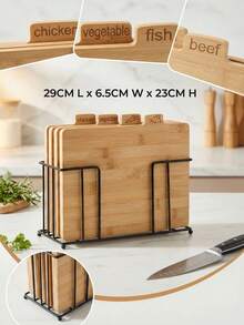 1 Set Bamboo Cutting Board, 4pcs Vegetable Chopping Board, Kitchen Anti-Cross Contamination Storage Rack, Chicken, Vegetable, Fish, Beef Dedicated Bamboo Cutting Board With Metal Rack, Tabletop Kitchen Organizer - Natural Wood Color - View 3