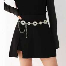 镂空波西米亚风腰链，可调节金属镶嵌腰带，女士派对配饰，卡通锌合金几何图案金属腰带，婚礼配饰，春夏秋冬皆宜 - 銀色 - 查看 4