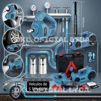 Macaco Hidráulico Elétrico 12v 150W Kit 3 em 1, Compressor de Ar e Chave Elétrica P/ Pneu - DKL