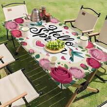 1 pezzo Tovaglia elastica da esterno a tema "Ciao Primavera" con colibrì e motivo floreale a rose, adatta per la decorazione primaverile, ottima per patio all'aperto, pranzo al chiuso, picnic, campeggio e feste - B - Visualizzare 3