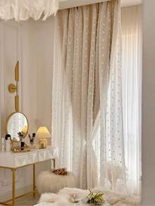 1pc Double-Layer Blackout Curtain With 3D Pom Pom Decor, Beige Linen-Look High-End Designer Curtain For Villa, Balcony, Living Room, Bedroom - Beige - View 3