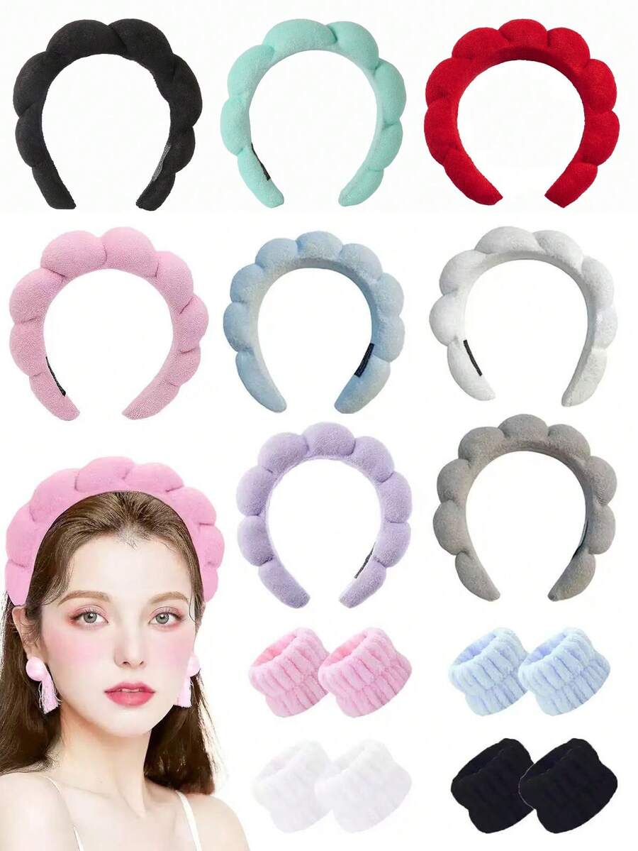 1个面部头带/2个面部腕带/3套SPA头带、化妆头带、面部头带、护肤头带、粉色天鹅绒蓬松海绵头带、蝴蝶结、泡泡头带、SPA头带、腕带、女士及女孩发饰套装 - 多色 - 查看 1