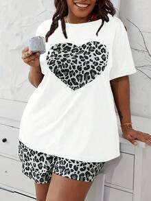Conjunto de Pijama de Dos Piezas para Mujer Talla Grande con Estampado de Leopardo y Corazones - Camiseta de Manga Corta y Pantalones Cortos Suaves y Cómodos - Blanco - Ver 4