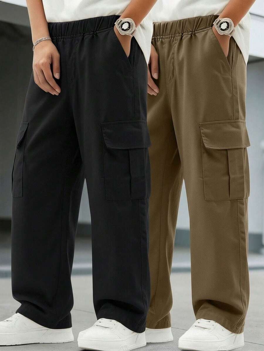 2pcs Tween Boys Casual Sports Outdoor Cargo Pants With Big Pockets, Spring/Autumn - Khaki - View 1