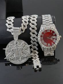 Bộ dây chuyền Cuban Link lấp lánh + đồng hồ mặt đỏ, mặt dây chuyền phong cách rapper dành cho nam giới, trang sức đường phố đính đá toàn bộ. - bộ trang sức - Xem 7