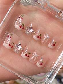 10 piezas de calcomanías de uñas cuadradas cortas hechas a mano de color rosa, con puntas francesas rosas, flores de sakura y patrones de moños pintados a mano, decorados con estrellas y perlas, con acentos brillantes, lindos y suaves decoraciones de uñas para mujeres y niñas, adecuados para primavera, verano, otoño, invierno, fiestas y uso diario - Rosa - Ver 2