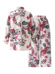 2pcs Vintage Print Set, Comfortable & Versatile, With Lapel Wide-Leg Pants; Suitable For Airport, Island Vacation Or Daily Shopping Spring - Pink - View 6