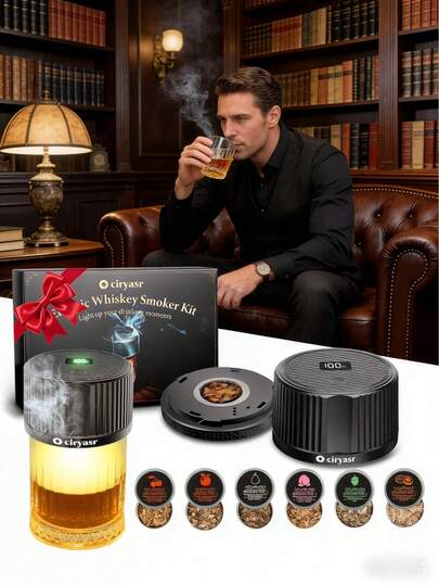 Upgraded Electric Whiskey Smoker Kit Rechargeable Cocktail Smoker With 4 Light Modes & 6 Wood Chips Old Fashioned Bourbon Smoker Accessory Home Bar Bartending Tool Father's Day Christmas Birthday Gift For Dad Husband Men No Butane