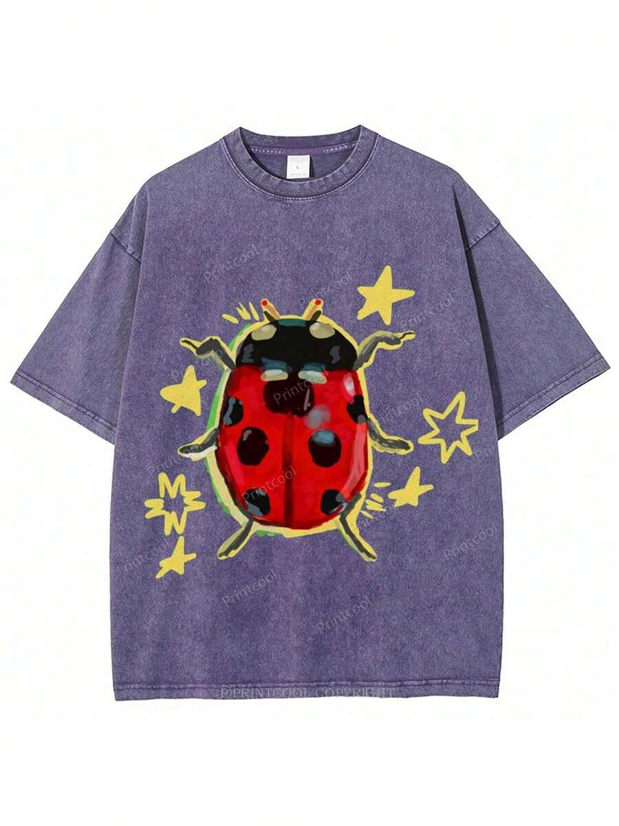 Washed Purple Women Tops, Ladybug Printed T-Shirts Under The Stars, High-Quality Vintage Fashion Brand T-Shirts, Ladies' Summer T-Shirts, Perfect Gifts For Mother's Day, Father's Day And Easter.Mother's Day Gift Outfits,Summer Cool Graphic Tee,World Cup Clothing,Unisex Vintage Washed Distressed Tee,Suitable For Men And Women. - 紫色 - 查看 1