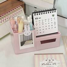 Caja de almacenamiento multifuncional de escritorio con forma de conejo lindo, con cajones y marco de fotos - Organizador de escritorio multiusos para papelería, cosméticos y artículos pequeños - Organizador de escritorio/dormitorio de tono rosa para oficina - Portalápices con compartimento - Ver 4