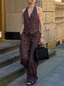 PoPoHouse 女士优雅两件套性感露背吊带V领纽扣背心上衣和宽松阔腿裤夏季休闲商务办公通勤度假套装棕色女式套装 - 咖色 - 查看 2