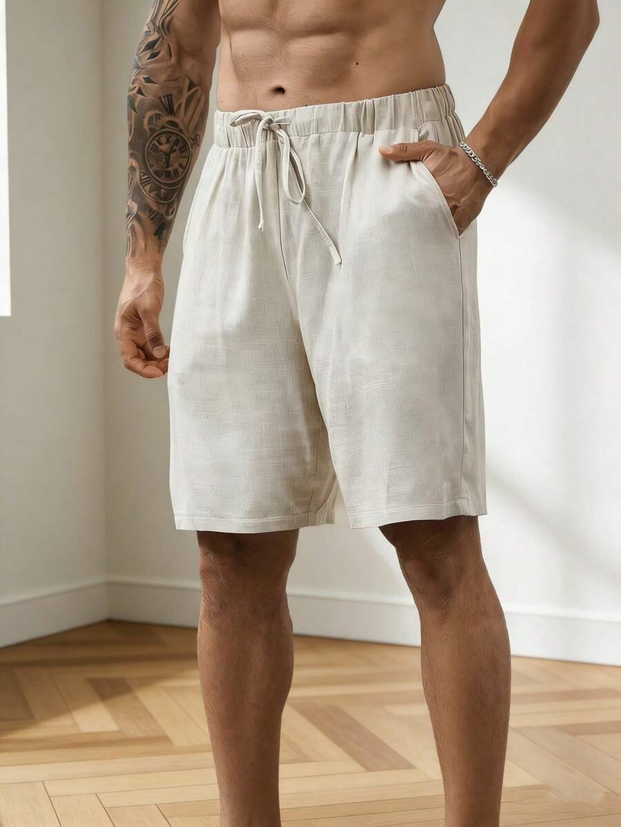 Men's Solid Color Casual Drawstring Waist Pocket Shorts, Daily Wear - Apricot - View 1