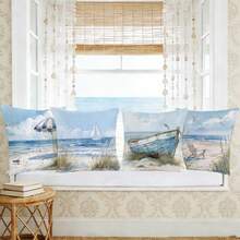 Conjunto de 4 capas de almofada decorativas minimalistas com estampa aquarela azul do oceano, barco à vela e gaivota. Confeccionadas em veludo de poliéster cor pêssego com estampa em um lado. Tamanho 45*45cm. Ideais para sofás modernos de tecido, decoração de interiores, festas e como presente. - Multicolorido - Ver 11
