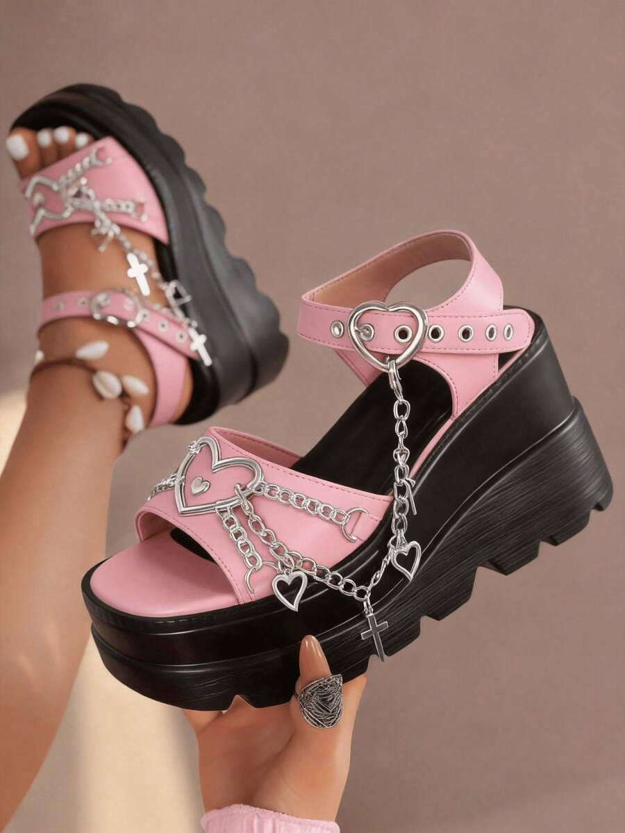 New Pink Summer Slope Heel Shoes For Woman Thick Bottom Women's Punk Fashion Sandals For Women Casual Slippers Comfortable Shoes Women's Gothic Style Cross Chain Detail Platform Sandals Summer Shoes - 粉色 - 查看 1