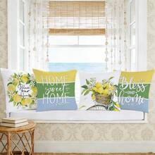 4pcs Summer Minimalist Lemon Wreath Bicycle "Sweet Home" Throw Pillow Cover Set, Single-Sided Printed Peach Velvet Polyester, 45*45CM/18*18inch Cushion Cover Suitable For Room Decor, Modern Minimalist Sofa Living Room Decor, Gift, Party Decoration - Multicolor - View 9