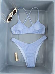 Women's Summer Vacation Beach Casual Blue & White Striped Print Random Tie Starfish Decor Top And Versatile High-Cut Sexy Cute High Waist Bikini Bottoms 2-Piece Swimwear - Blue and White - View 2