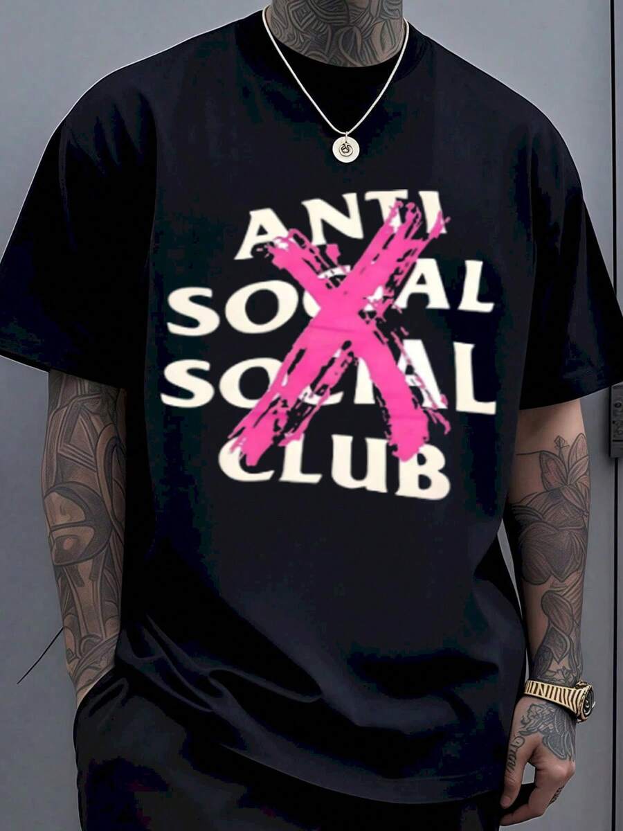 Anti Social Social Club X Pink Graffiti T Shirt Streetwear Fashion Men Women Casual Graphic Tee Urban Style Hip Hop Clothing - 黑色 - 查看 1