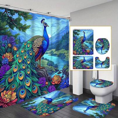 孔雀图案1件/4件套卡通人物浴帘套装 - 12钩浴帘，含防滑垫、马桶垫和U型垫 - 现代浴室装饰完整配件套装
