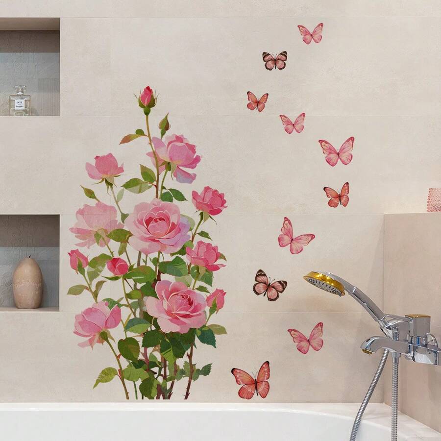 1/2/3pcs Watercolor Pink Rose Butterfly Wall Stickers, Elegant Floral Decals For Living Room Hallway Decoration, Removable Vinyl DIY Wall Art, Aesthetic Room Decor Gift - Floral Wall Sticker - View 1