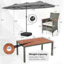 8 PCS Outdoor Wicker Dining Furniture & Double-Sided Umbrella With Solar LED Lights - 灰色的 - 查看 3