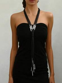 MARLIWOO 1pc Handmade Gothic Style Tassel Necklace, Niche Punk Rock Long Necklace For Women - Multicolor - View 12