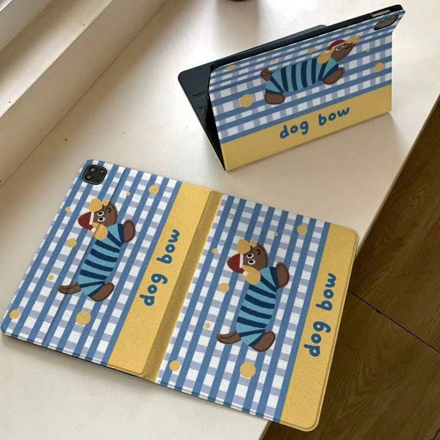 卡通蓝色格子腊肠犬图案扁平保护套,兼容苹果第11代平板电脑、第12代平板电脑、Pro 2025新款、Mini 6时尚款、Mini 7可爱款、第10代Air 7/6平板电脑,男女通用11英寸平板电脑保护套 - 藍色 - 查看 1