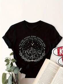 T-shirt à col rond imprimé Lune et Montagnes, printemps-été, décontracté et surdimensionné pour femmes, T-shirt graphique pour femmes et hommes - T-shirt imprimé à manches courtes - Haut décontra - Noir - Voir 4