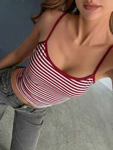 Vaiaye Women'sLingerie Style Top And Spring/Summer Striped Print Round Neck Fitted Casual Vacation Camisole, Suitable Beach Vacation & Everyday Casual Wear - 白色和紅色條紋 - 查看 10