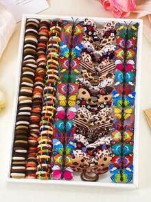 186pcs Assorted Color Hair Scrunchies, Hair Clips, Rubber Bands, Rabbit Ears, Butterfly Hair Accessories, Colorful Hair Flowers & Clips Set For Girls - Coffee Brown - View 1