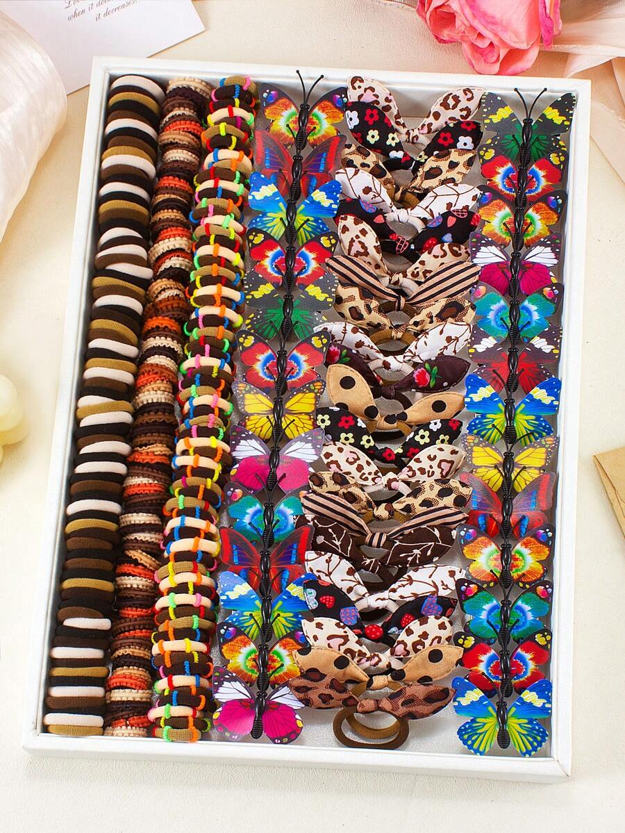186pcs Assorted Color Hair Scrunchies, Hair Clips, Rubber Bands, Rabbit Ears, Butterfly Hair Accessories, Colorful Hair Flowers & Clips Set For Girls - Coffee Brown - View 1