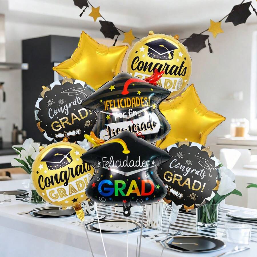 8pcs Graduation Party Balloons, Including Double-Sided Graduation Cap ...