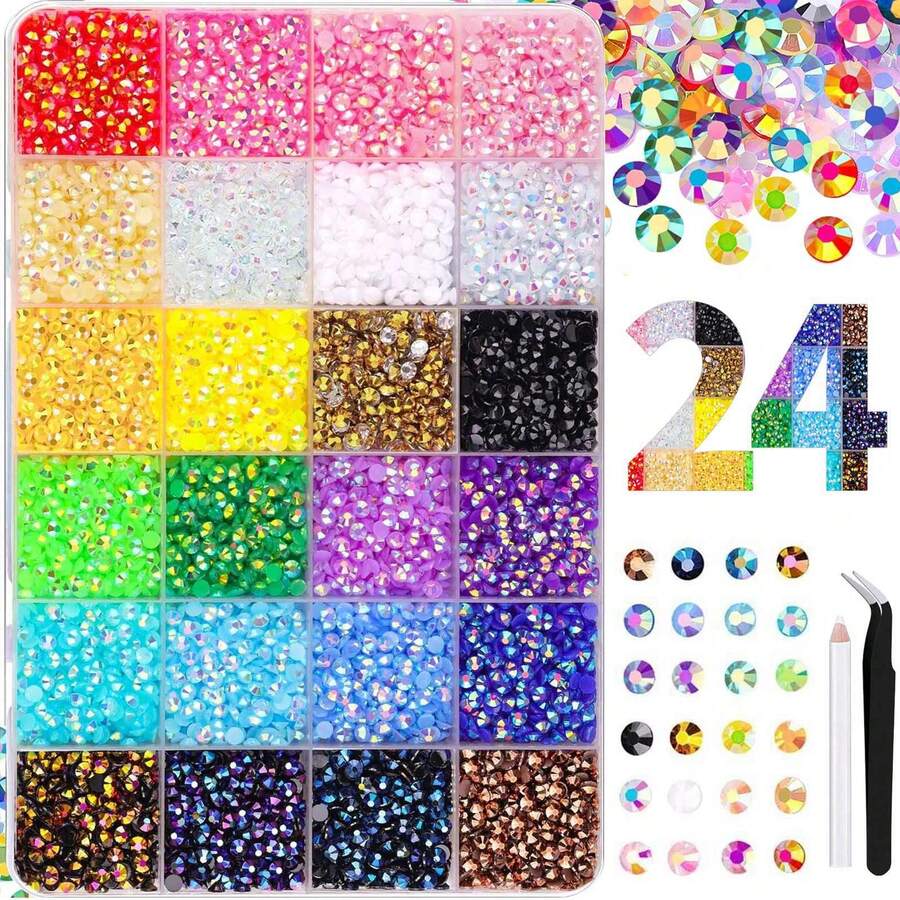 Bộ 3 viên đá trang trí móng tay hình tròn, đính kèm đá resin 24 khe, màu AB huỳnh quang, phụ kiện tự làm móng. - Nhiều màu - Xem 1