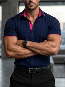 Men's Fashion Versatile Single-Breasted Contrast Color Short Sleeve Shirt Business - Navy Blue - View 1