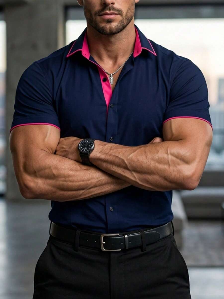 Men's Fashion Versatile Single-Breasted Contrast Color Short Sleeve Shirt Business - Navy Blue - View 1
