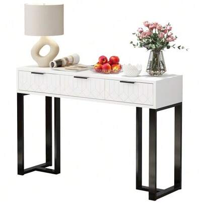Moderne consoletafel met lades, goudkleurig frame, verstelbare poten en elegante handgrepen (wit + goud).