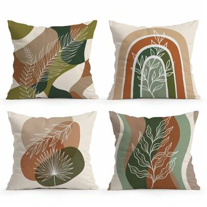 4 件套波西米亚复古抽象花卉图案抱枕套，单面印花，适用于客厅卧室家居装饰，四季皆宜