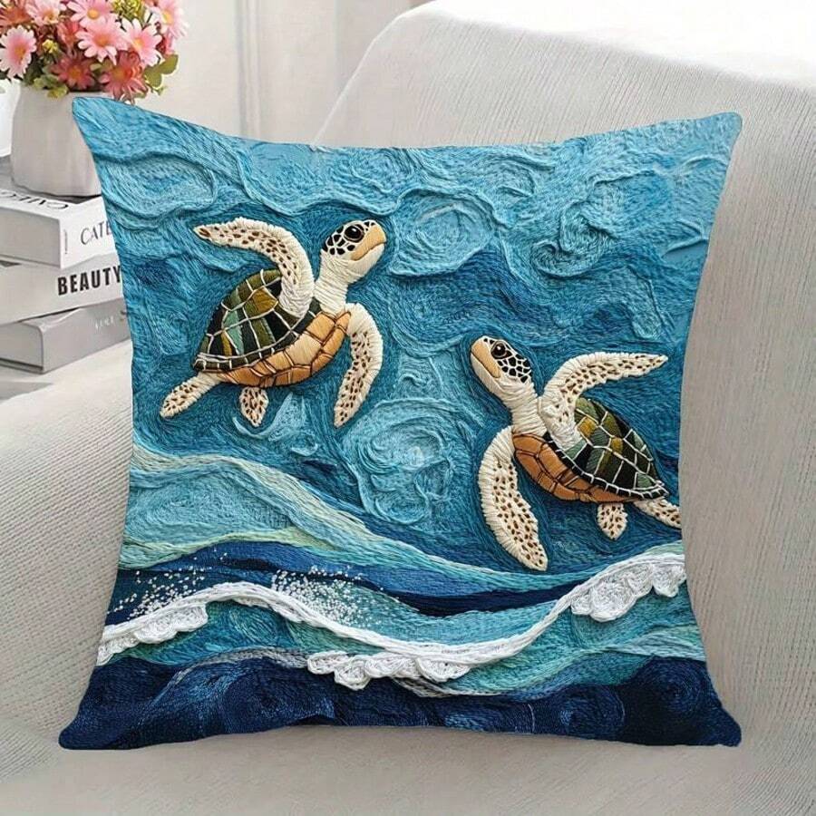 1 pièce Taie d'oreiller avec imprimé tortue de mer, charme côtier - Faux broderie thème océanique avec fermeture éclair, lavable en machine, style contemporain pour salon, canapé, décoration de chambre (sans insert inclus), décoration tortue - 1PC - Voir 1