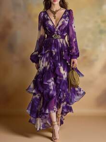 Plus Size Women's Elegant Vintage Purple & White Ombre Tie-Dye Print Maxi Dress With Deep V-Neck, Long Puff Sleeves, Decorative Metal Buckle Waist Belt, Layered Ruffled High-Low Irregular Hem, Lightweight Breathable Chiffon Fabric, Sophisticated Romantic Style, Perfect For Gala Dinners, Cocktail Parties, Art Gallery Exhibitions, Holiday Getaways, Wedding Guest Attire, Romantic Date Nights & Special Occasions, Curvy Friendly Flowy Evening Gown For Curvy Ladies To Showcase Timeless Elegance - [多色的] - 查看 2