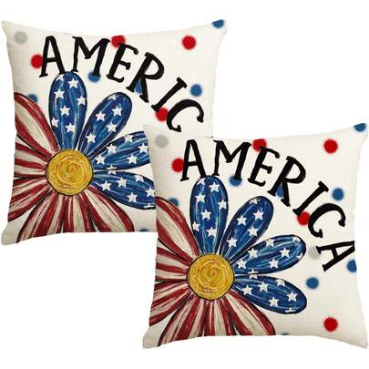2PCS July 4th Floral Polka Dot Pillowcase, Independence Day Memorial Day U.S. Stars Decorative Sofa Cushion Cover, Single-Sided Without Pillow Insert