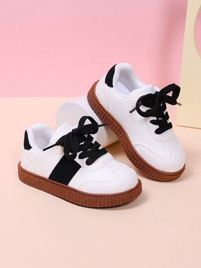 1 Pair New Retro Soft-Sole Sports Shoes, Black & White Color Block, Breathable Casual Shoes For Toddlers, Boys & Girls, All Season Versatile Non-Slip Student Sneakers