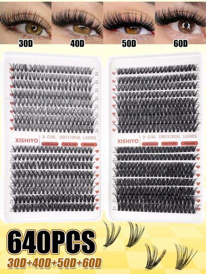 640/640/608pcs DIY False Eyelashes Set, Including Growth Type, Curly Type, Super Thick Single Strand, Thin Type, 10D+20D+30D+40D / 30D+40D+50D+60D / 50D+60D+80D+100D, 8-16mm D-Curl Flirty Lashes For DIY Home Application