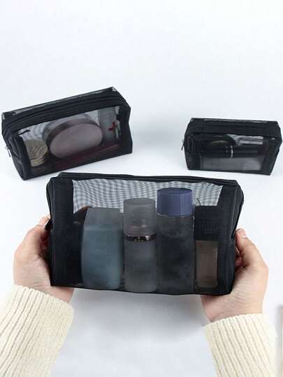 Bộ 3 túi đựng mỹ phẩm lưới thoáng khí, túi lưới đa chức năng, túi đựng cọ trang điểm du lịch di động, bộ đựng mỹ phẩm chuyên nghiệp có thể gấp gọn, túi du lịch có khóa kéo, túi du lịch nhỏ có lỗ thông hơi, bộ đồ dùng du lịch ngoài trời, thích hợp để đựng son môi, phấn nền dạng cushion, cọ trang điểm mini, sản phẩm chăm sóc da, v.v., dùng để đựng các vật dụng chăm sóc hàng ngày và mỹ phẩm, đồ dùng học tập, phụ kiện học tập, lưu trữ tiện lợi, nhẹ và bền, phong cách Bohemian.
