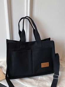 1pc Solid Color Canvas Tote Bag, Large Capacity, Casual Chic Student Shoulder Bag, Versatile For Spring/Summer - Black - View 3